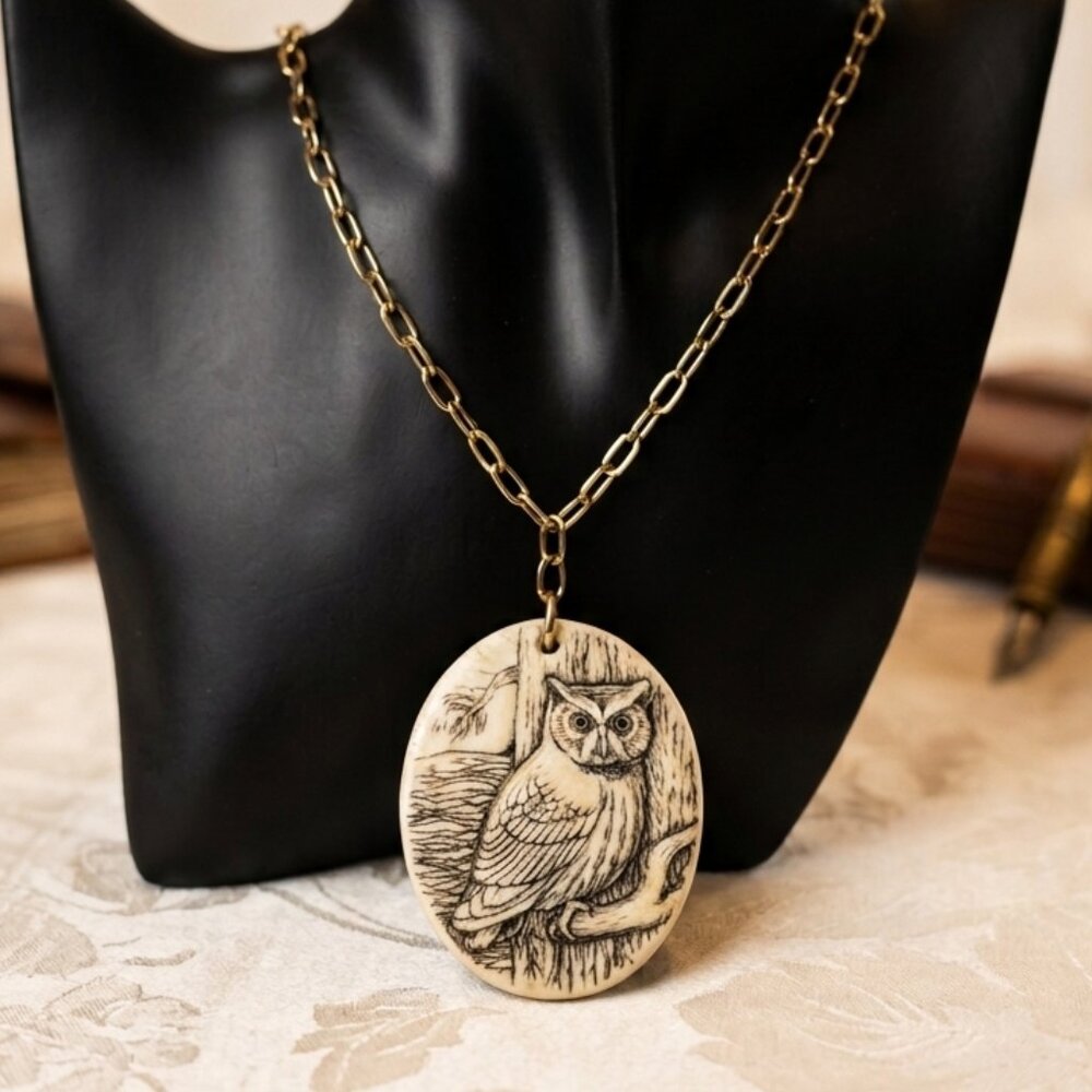 Great Horned Owl Faux Scrimshaw Necklace